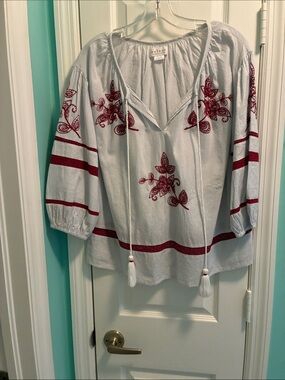 Velvet White Tunic with Burgundy Floral Embroidery